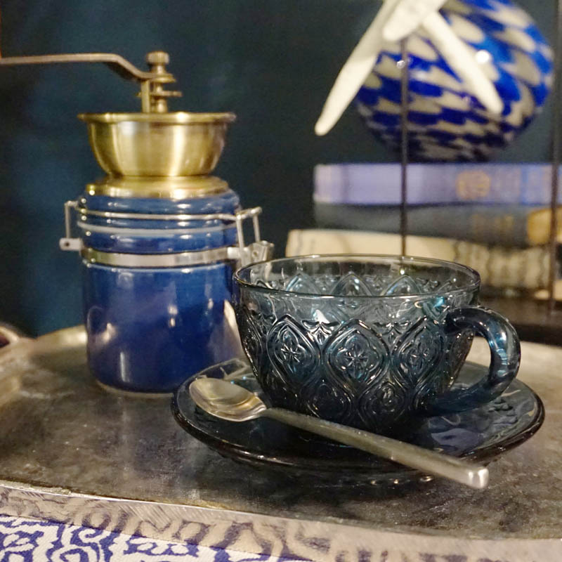 GLASS CUP & SAUCER "FIORE" BLUE