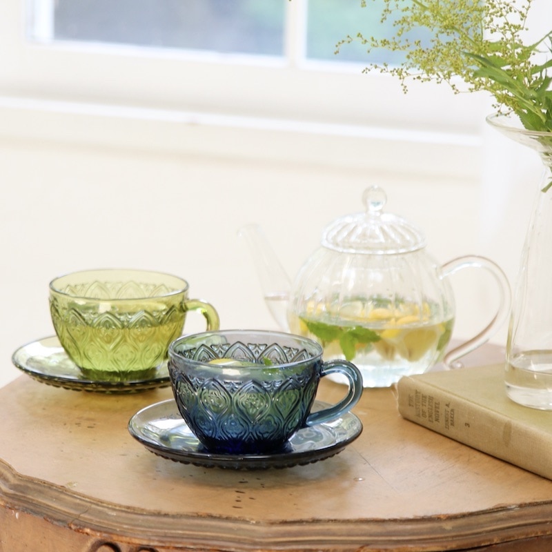 GLASS CUP & SAUCER "FIORE" BLUE